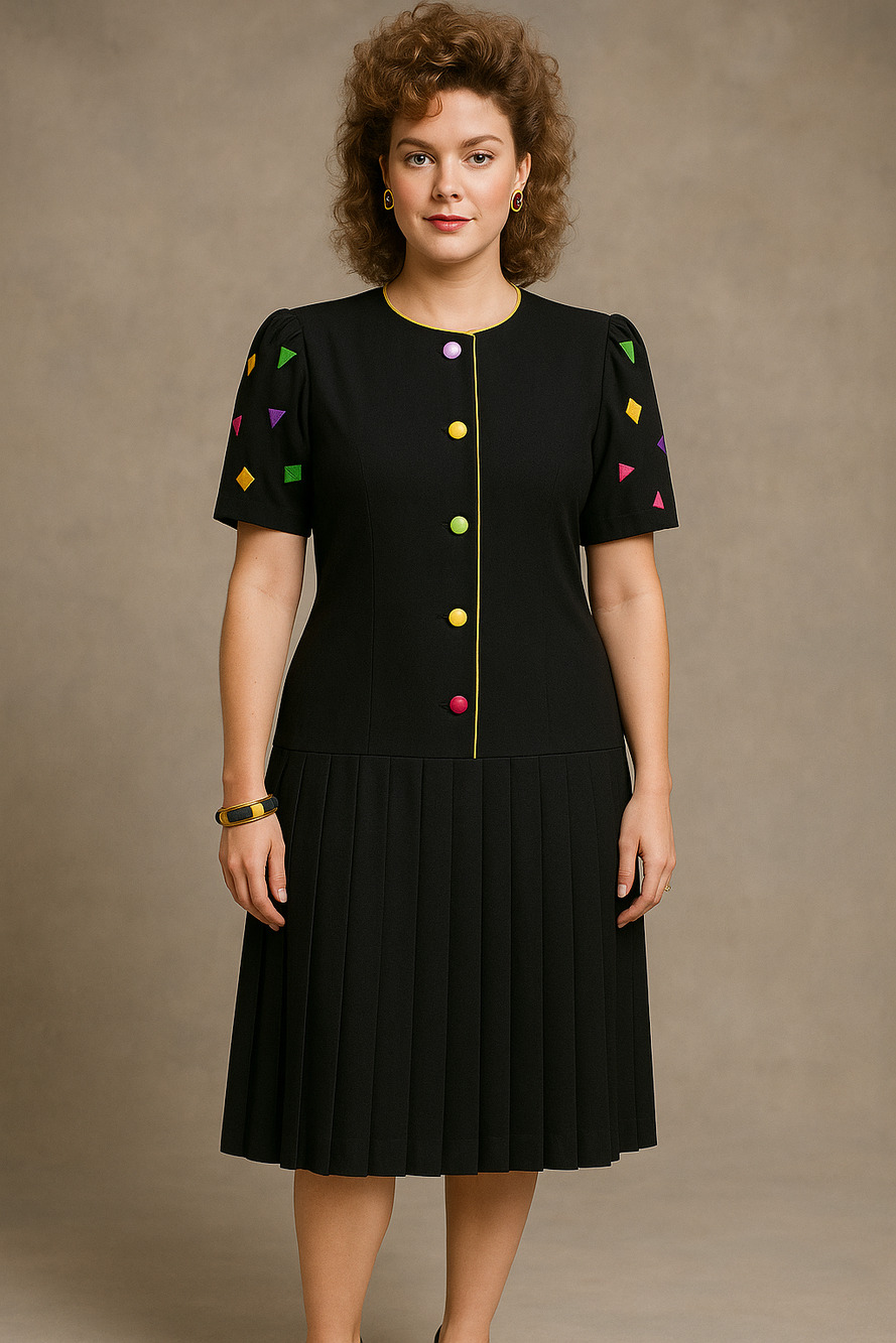 Vintage Chelsea Ltd 1980s woman’s black drop waist pleated dress 18 T Embroidery